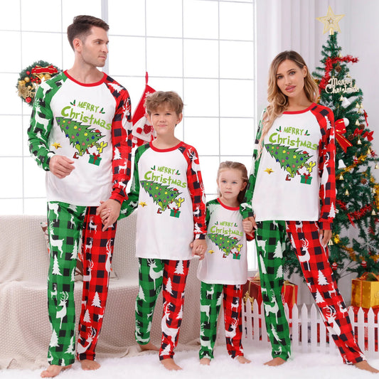 2026 Christmas Tree Patchwork Print Family Pajamas Set  New Year's Costumes Holiday Wear Full Sleeve 2 Pcs Suit Pjs