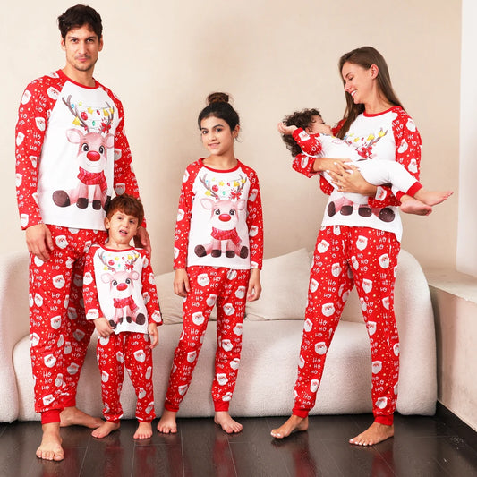 New Family Christmas Pyjamas Cartoon Elk Print Adults Kids Matching Clothing Set Full Sleeve 2 Pieces Suit Xmas Sleepwear