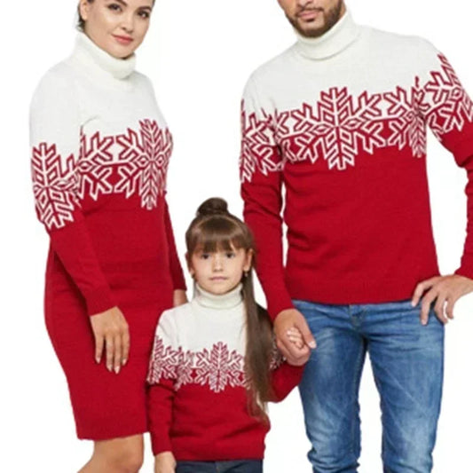 Christmas Matching Sweaters Snowflake Print Women Dress Men Boys Girls Jacquard Jumpers Thick Warm Turtleneck Pullover Xmas Look