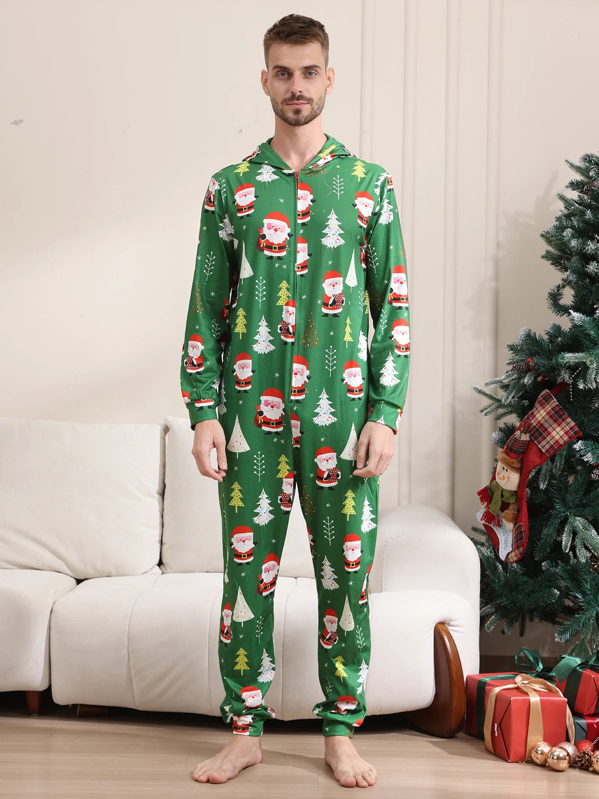 New Christmas Family Look Onesies Santa Print One-piece Jumpsuit Adults Kids Matching Pajamas Cute Zipper Hooded Romper Xmas Pjs