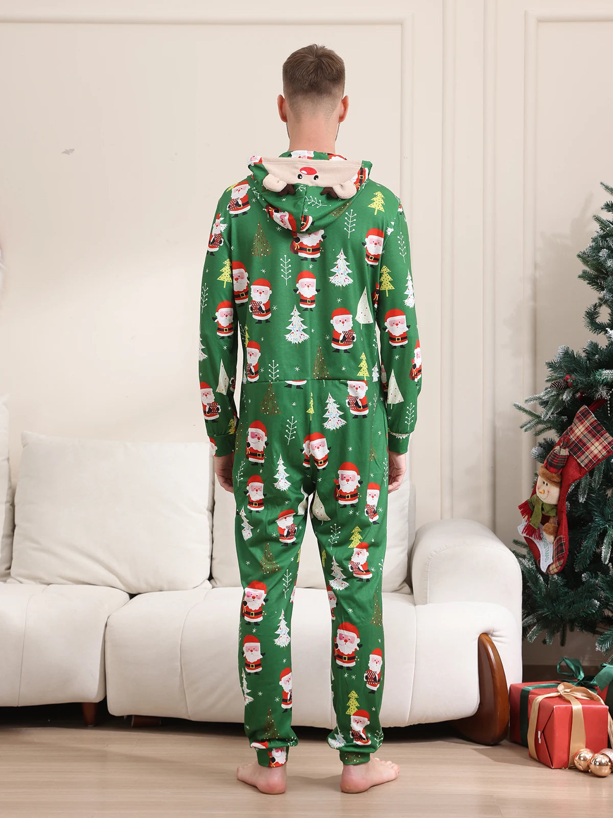 New Christmas Family Look Onesies Santa Print One-piece Jumpsuit Adults Kids Matching Pajamas Cute Zipper Hooded Romper Xmas Pjs