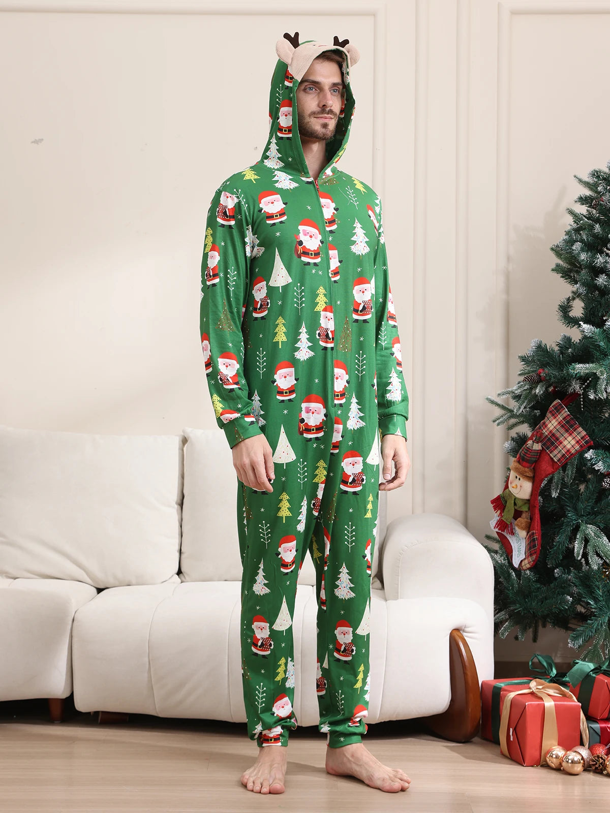 New Christmas Family Look Onesies Santa Print One-piece Jumpsuit Adults Kids Matching Pajamas Cute Zipper Hooded Romper Xmas Pjs