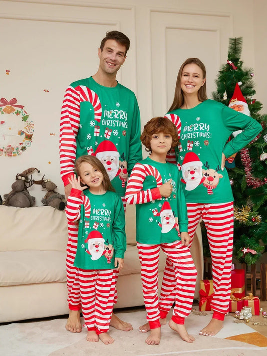 Merry Christmas Print Family Matching Pajamas Set Cartoon Striped Sleepwear Adults Kids Clothing Sets Cute Soft Pyjama Xmas Look