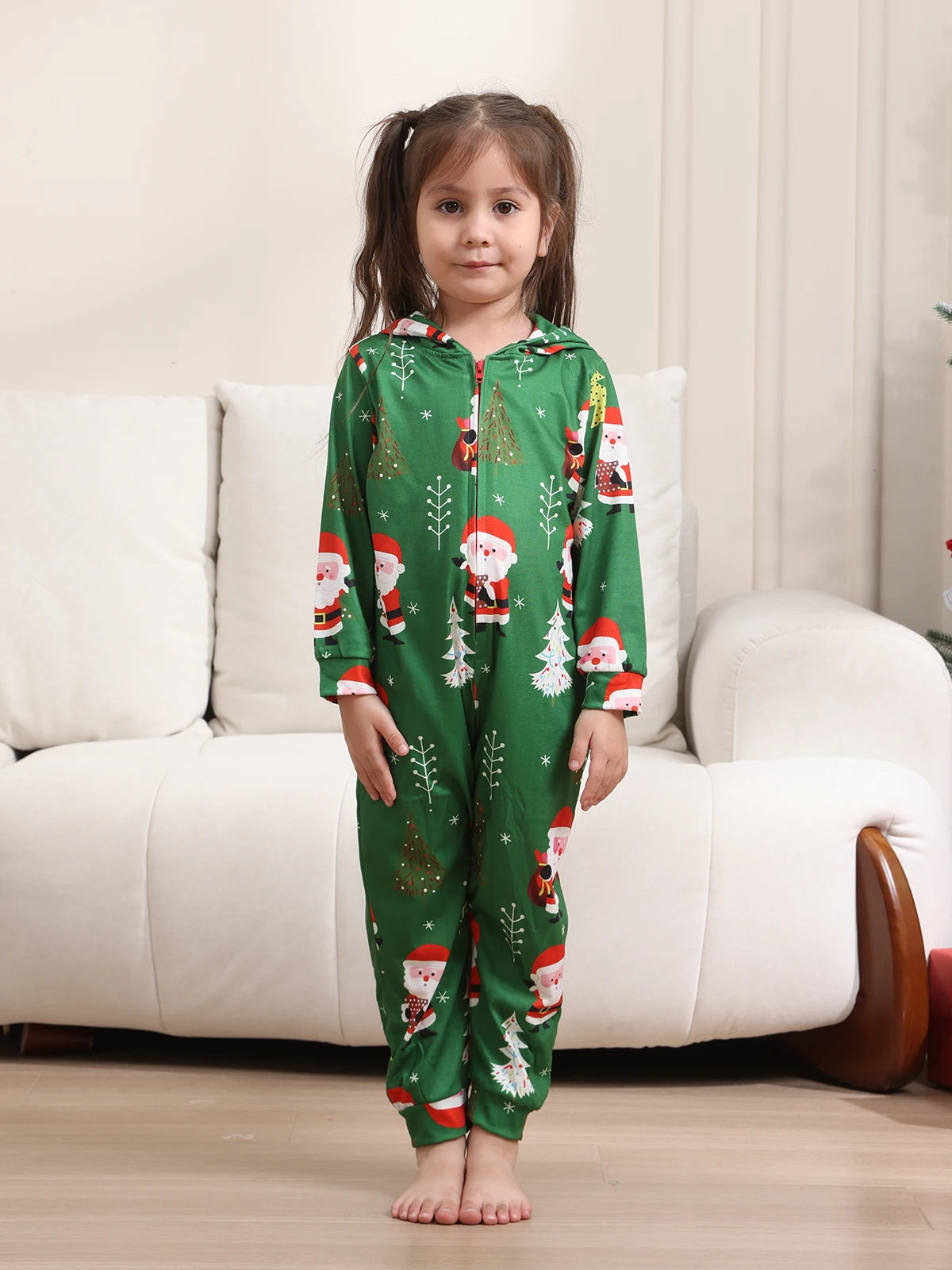 New Christmas Family Look Onesies Santa Print One-piece Jumpsuit Adults Kids Matching Pajamas Cute Zipper Hooded Romper Xmas Pjs