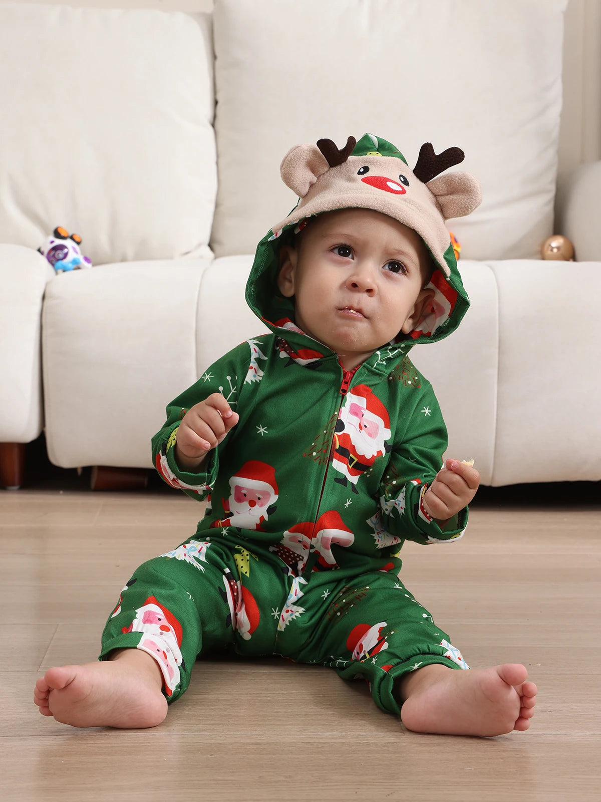 New Christmas Family Look Onesies Santa Print One-piece Jumpsuit Adults Kids Matching Pajamas Cute Zipper Hooded Romper Xmas Pjs