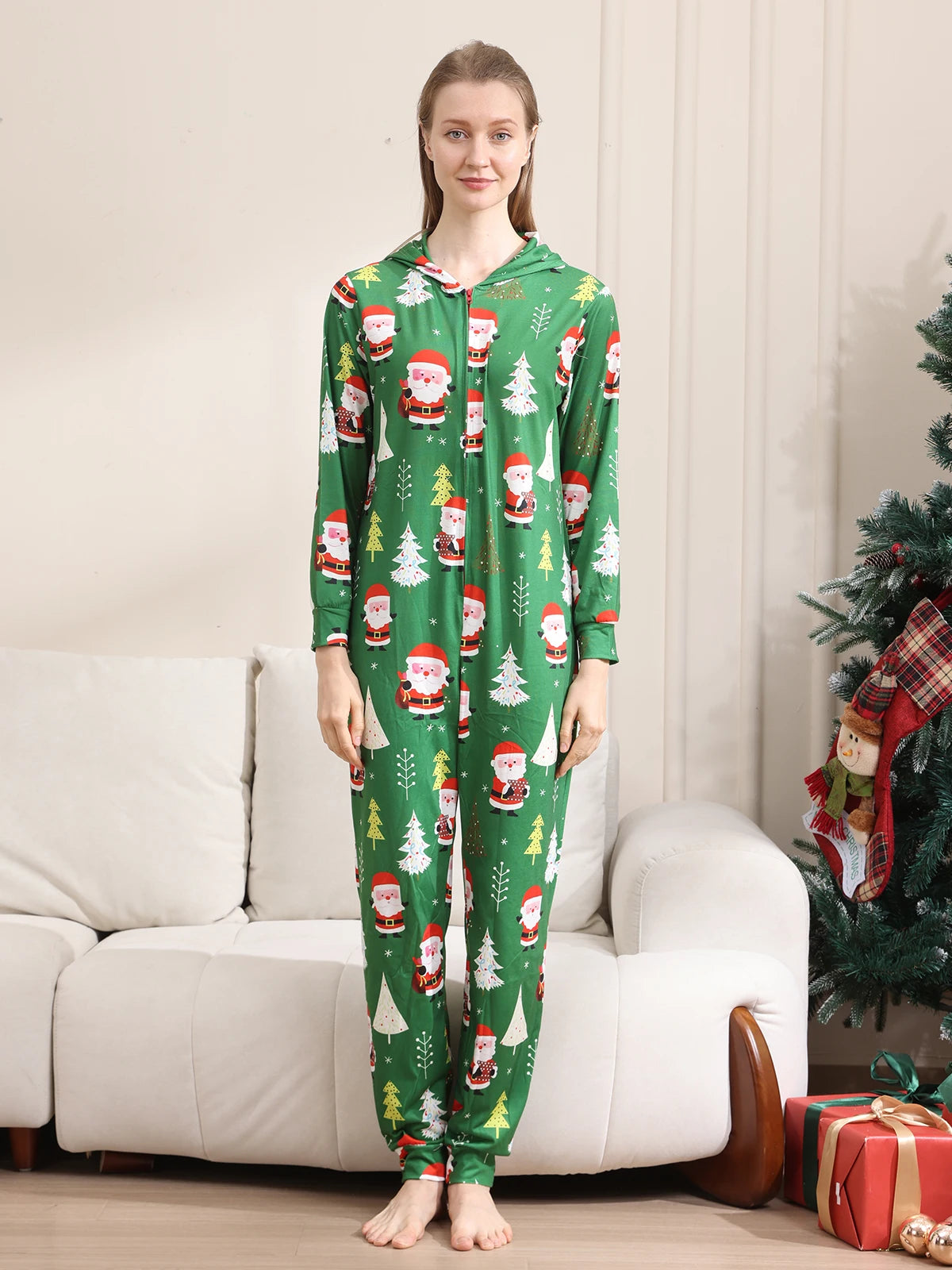 New Christmas Family Look Onesies Santa Print One-piece Jumpsuit Adults Kids Matching Pajamas Cute Zipper Hooded Romper Xmas Pjs