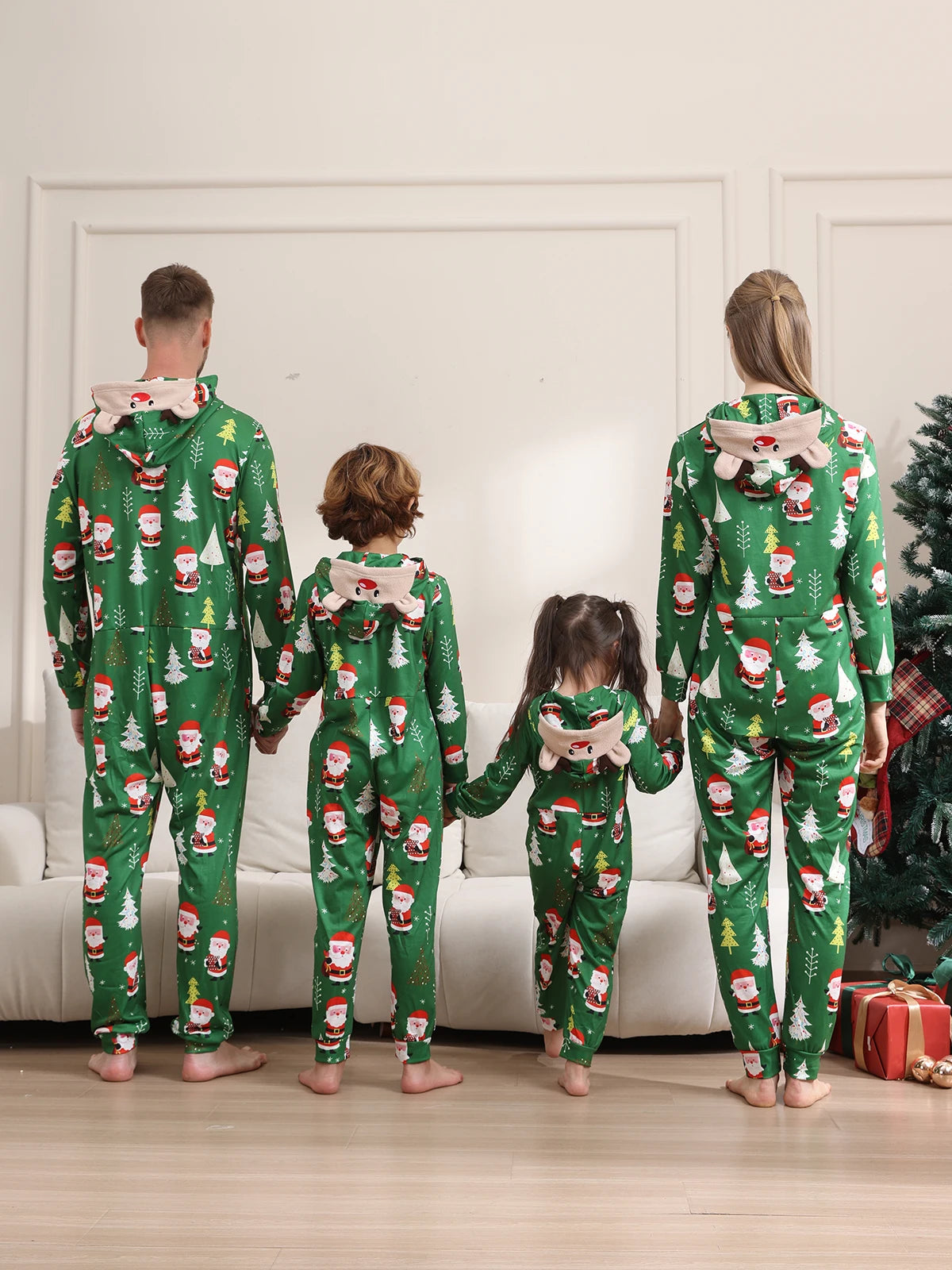 New Christmas Family Look Onesies Santa Print One-piece Jumpsuit Adults Kids Matching Pajamas Cute Zipper Hooded Romper Xmas Pjs