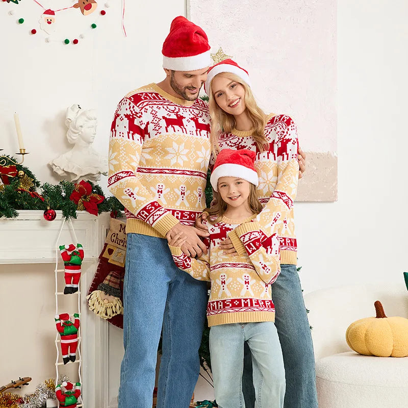 2025 Winter Mom Dad Kids Matching Outfit Christmas Sweater Full Sleeve Warm Soft Knitwear Elk Print Cute Jumper Xmas Family Look