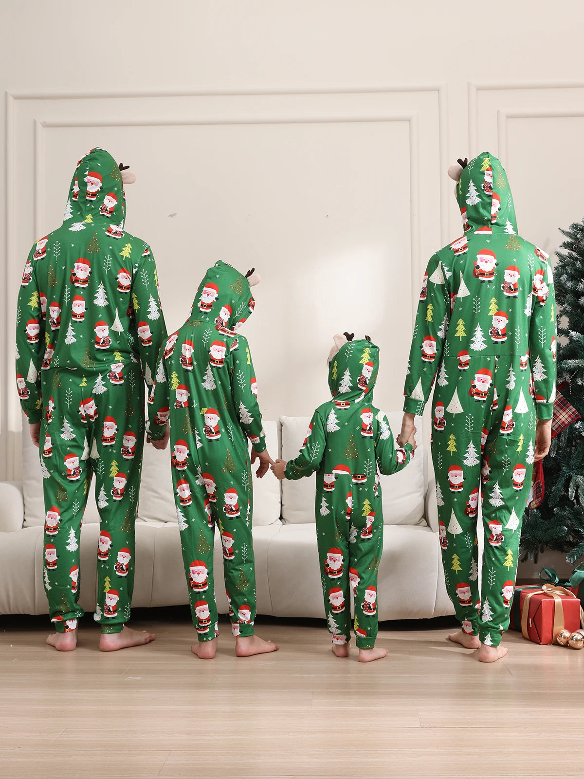 New Christmas Family Look Onesies Santa Print One-piece Jumpsuit Adults Kids Matching Pajamas Cute Zipper Hooded Romper Xmas Pjs
