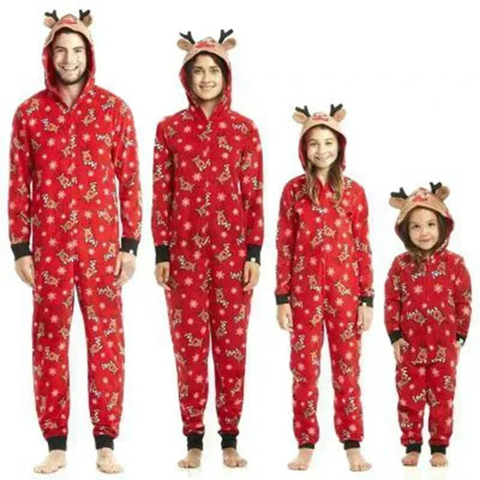 Christmas Matching Outfits for Family Elk Ear Hooded One-Piece Jumpsuit Romper Adults Kids Onesie Pajamas Xmas Look Wear Pyjamas