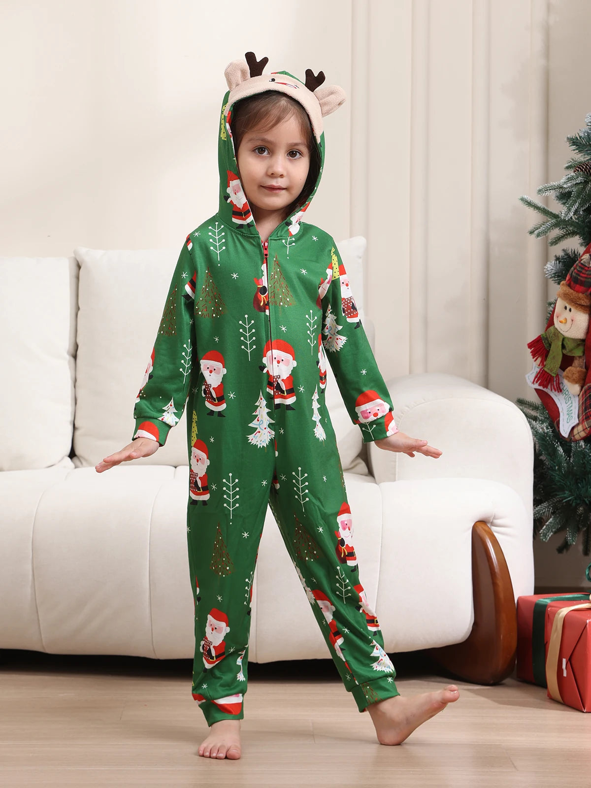 New Christmas Family Look Onesies Santa Print One-piece Jumpsuit Adults Kids Matching Pajamas Cute Zipper Hooded Romper Xmas Pjs