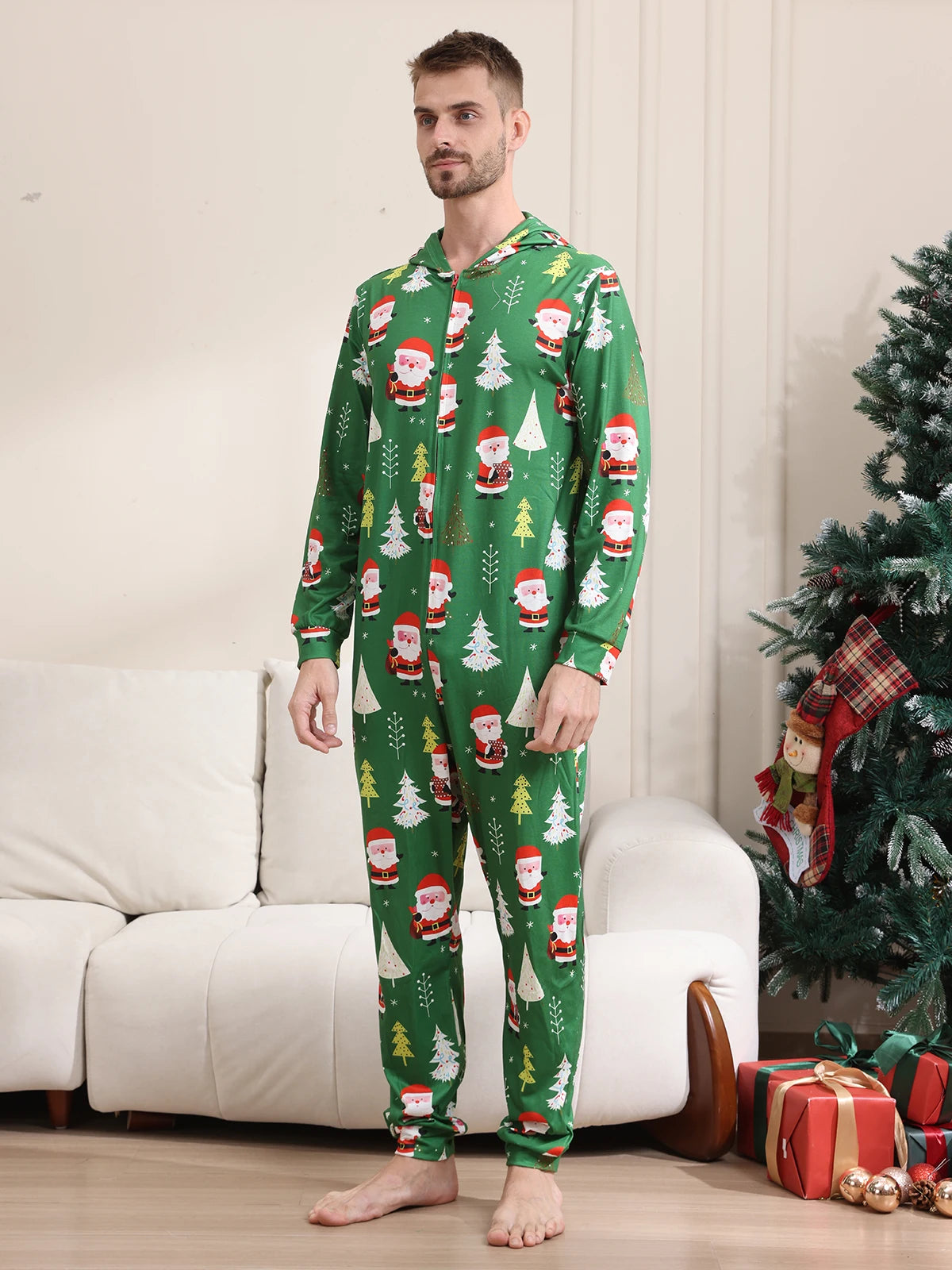 New Christmas Family Look Onesies Santa Print One-piece Jumpsuit Adults Kids Matching Pajamas Cute Zipper Hooded Romper Xmas Pjs
