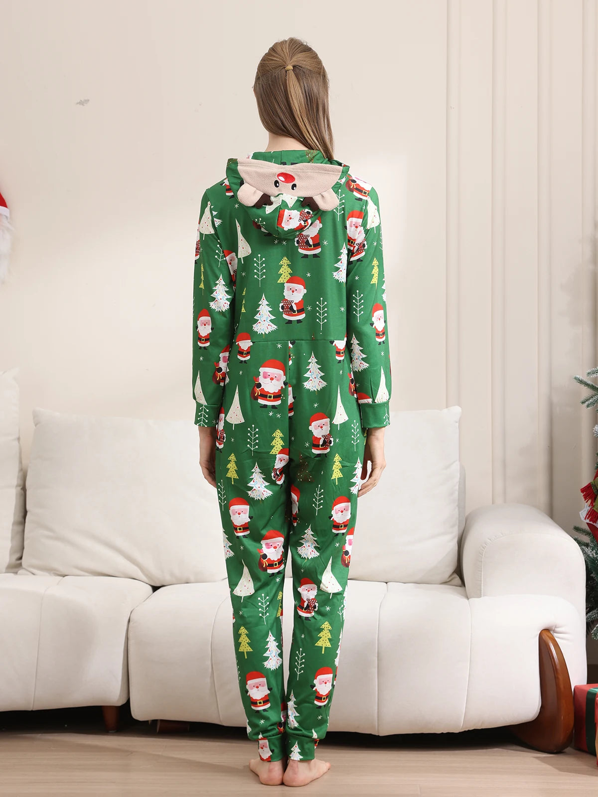 New Christmas Family Look Onesies Santa Print One-piece Jumpsuit Adults Kids Matching Pajamas Cute Zipper Hooded Romper Xmas Pjs