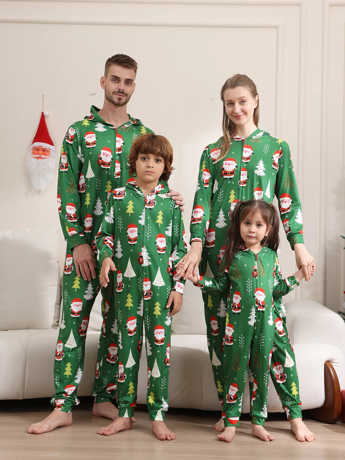 New Christmas Family Look Onesies Santa Print One-piece Jumpsuit Adults Kids Matching Pajamas Cute Zipper Hooded Romper Xmas Pjs