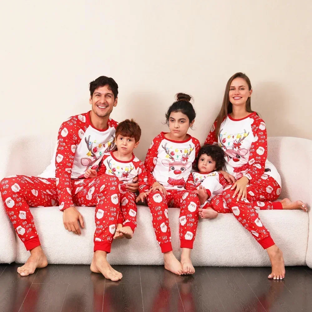 New Family Christmas Pyjamas Cartoon Elk Print Adults Kids Matching Clothing Set Full Sleeve 2 Pieces Suit Xmas Sleepwear